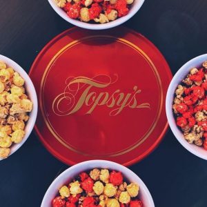 Topsys popcorn tins and flavors
