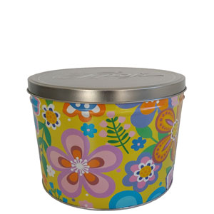 A 2-gallon popcorn tin in a colorful floral design
