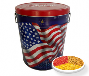 A Topsy's popcorn tin with an American flag design