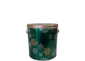 1-gallon popcorn tin in green with snowflakes