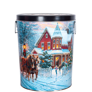 3.5-gallon popcorn tin with sleigh design