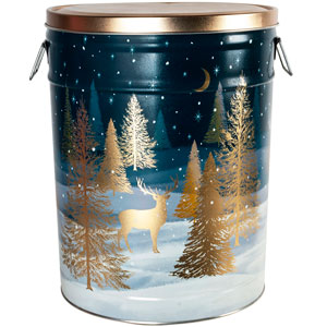 6.5-gallon popcorn tin with gold trees design